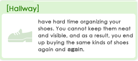 [Hallway]have hard time organizing your shoes.  You cannot keep them neat and visible, and as a result, you end up buying the same kinds of shoes again and again.