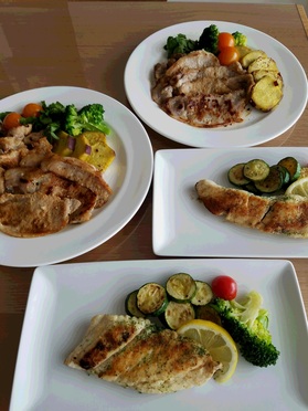 当日分の主菜の「豚肉の塩麹付け焼き」と「真鯛のポアレ」